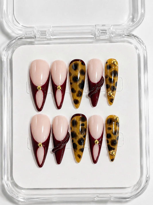 Burgundy Tortoise Shell Press-On Nails – Long Stiletto – French Tip