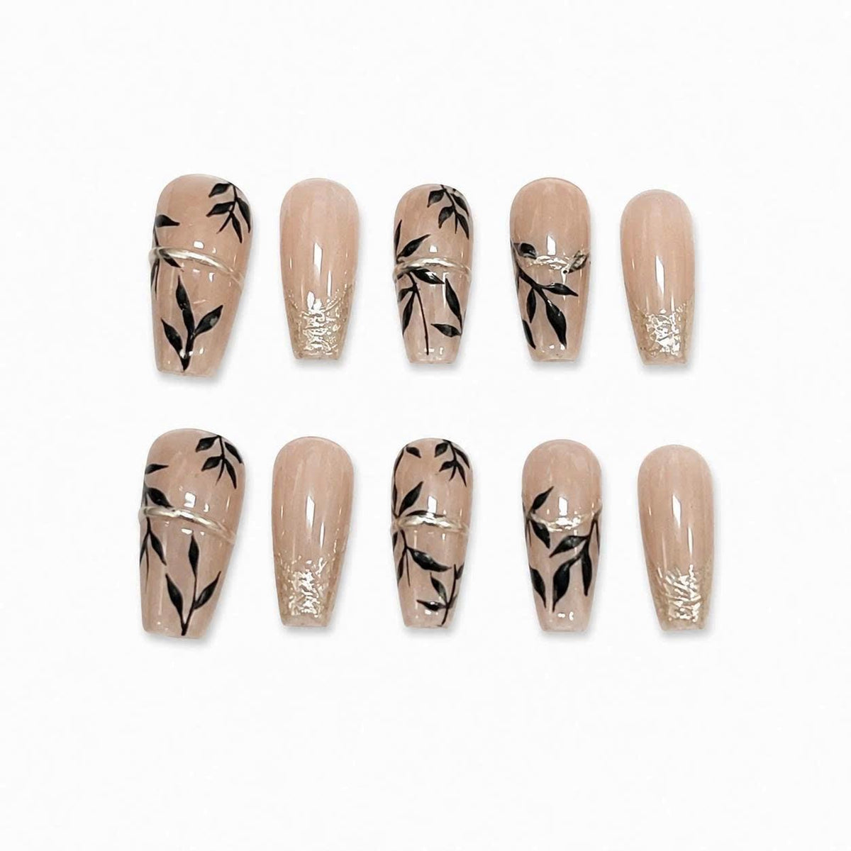 Nude Botanical Press-On Nails – Black Leaf – Long Square