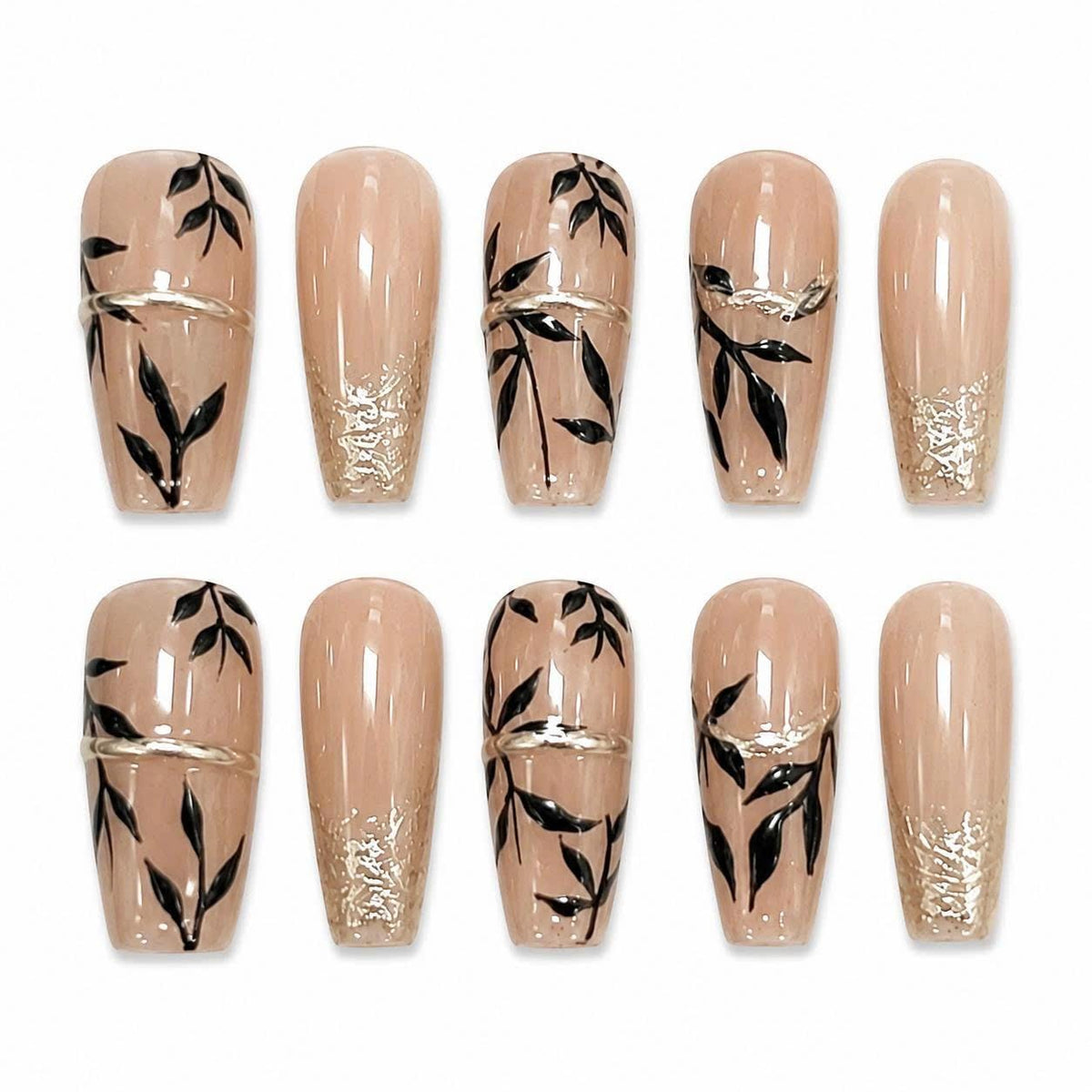 Nude Botanical Press-On Nails – Black Leaf – Long Square