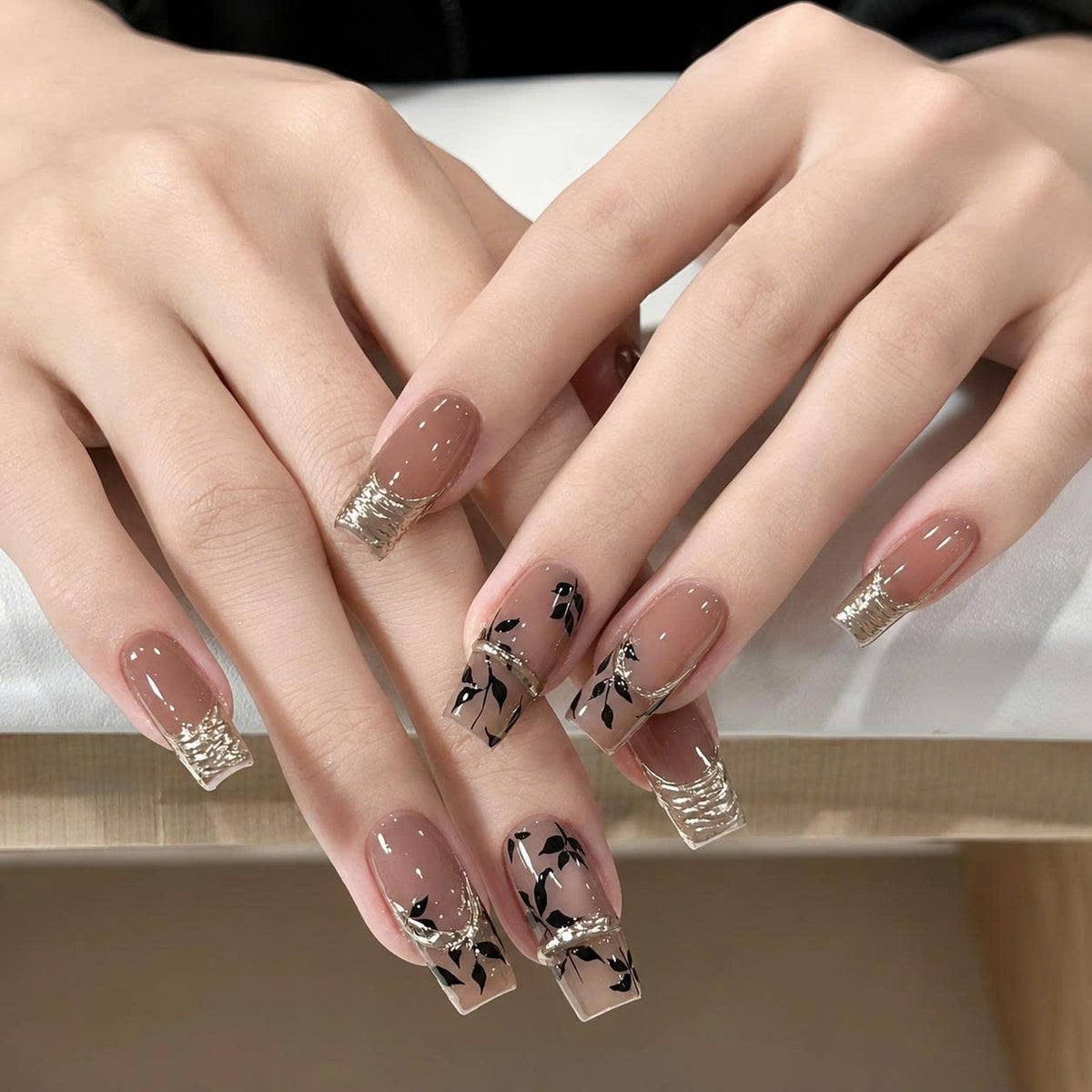Nude Botanical Press-On Nails – Black Leaf – Long Square