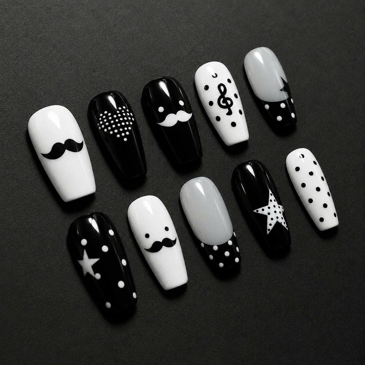 Black & White Polka Dot Press-On Nails – Music Note Details – Square