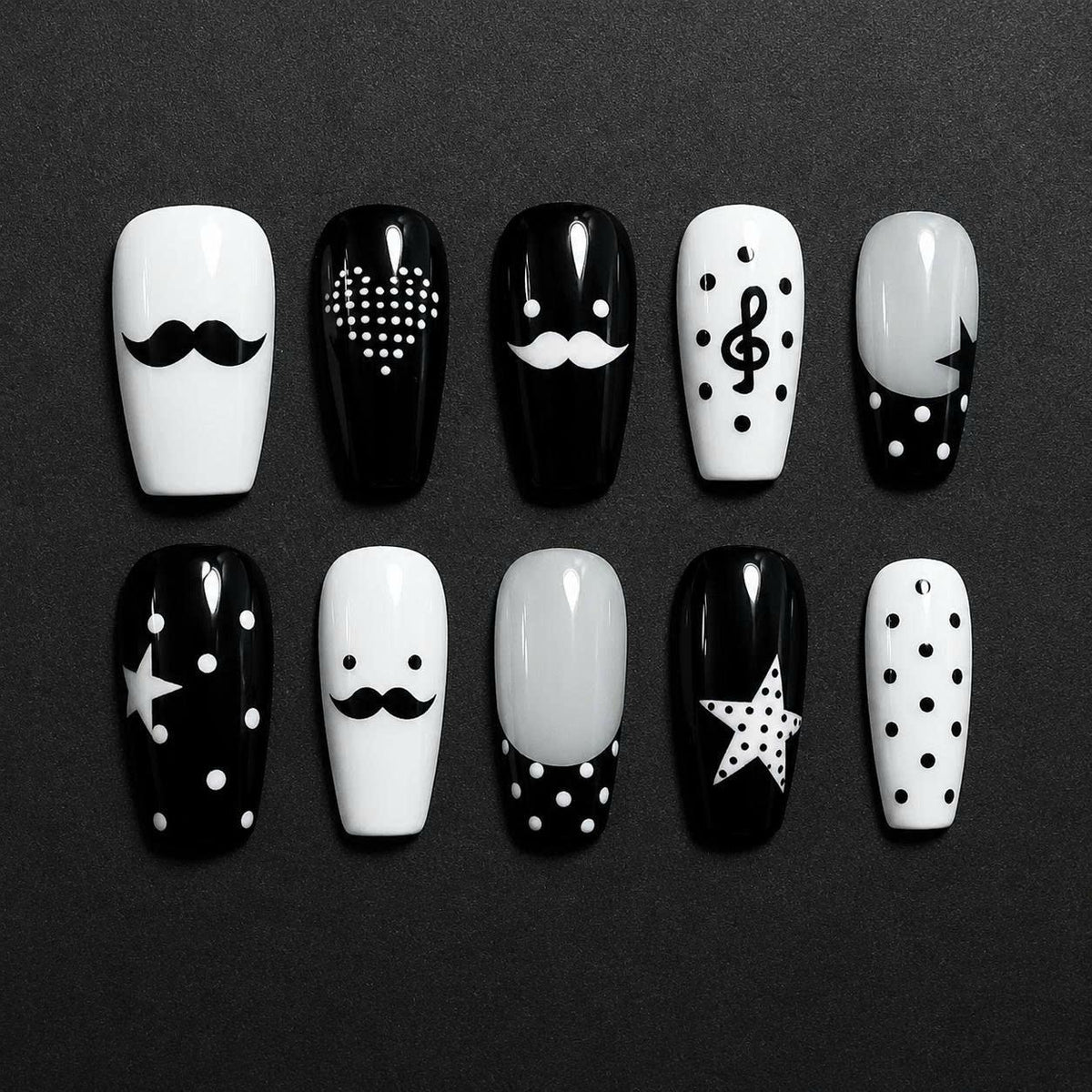 Black & White Polka Dot Press-On Nails – Music Note Details – Square