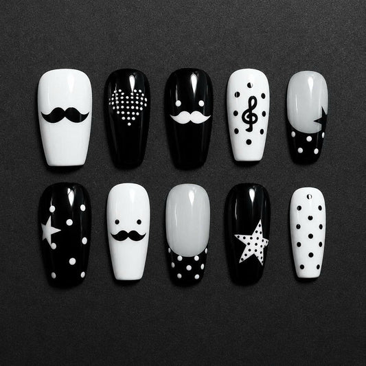 Black & White Polka Dot Press-On Nails – Music Note Details – Square