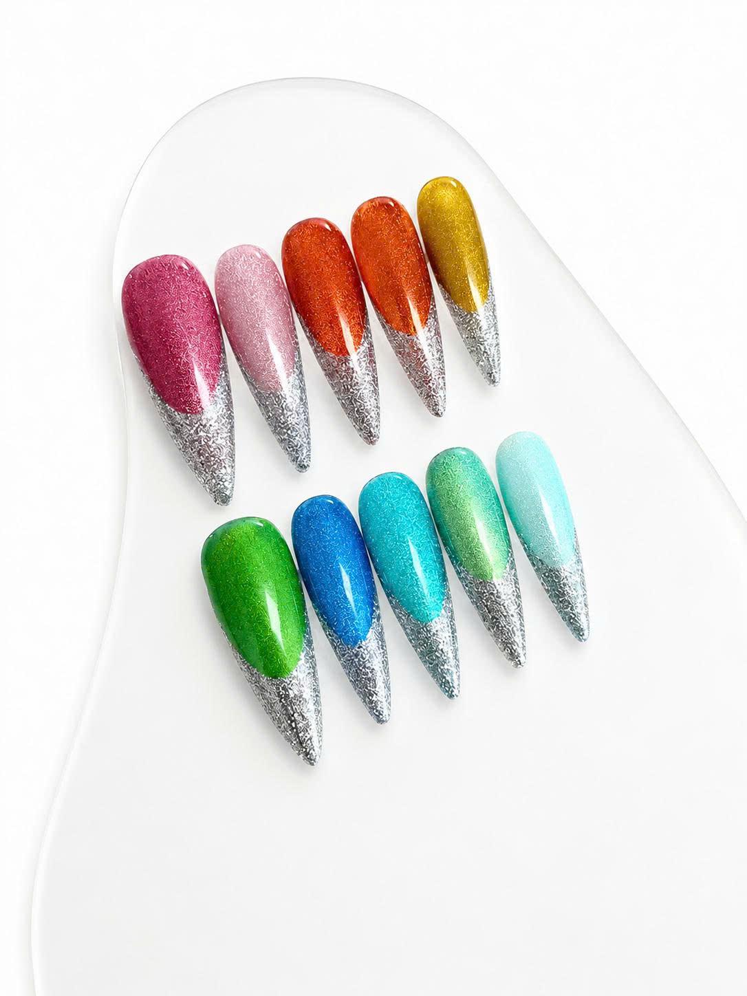 Rainbow Glitter Press-On Nails – Silver French Tip – Stiletto