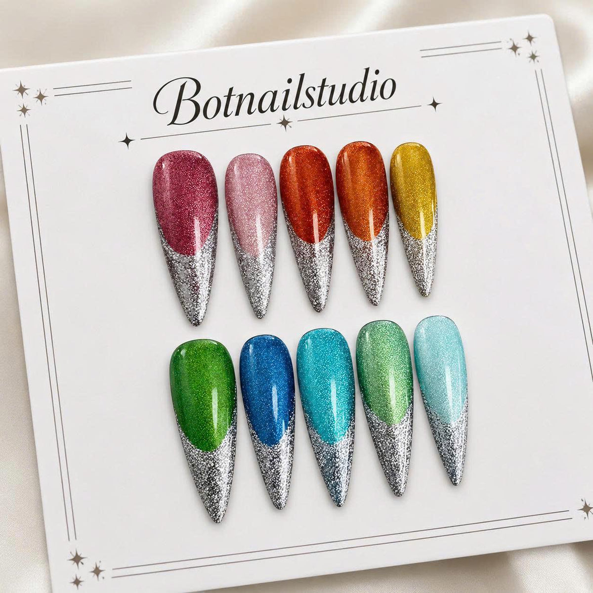 Rainbow Glitter Press-On Nails – Silver French Tip – Stiletto