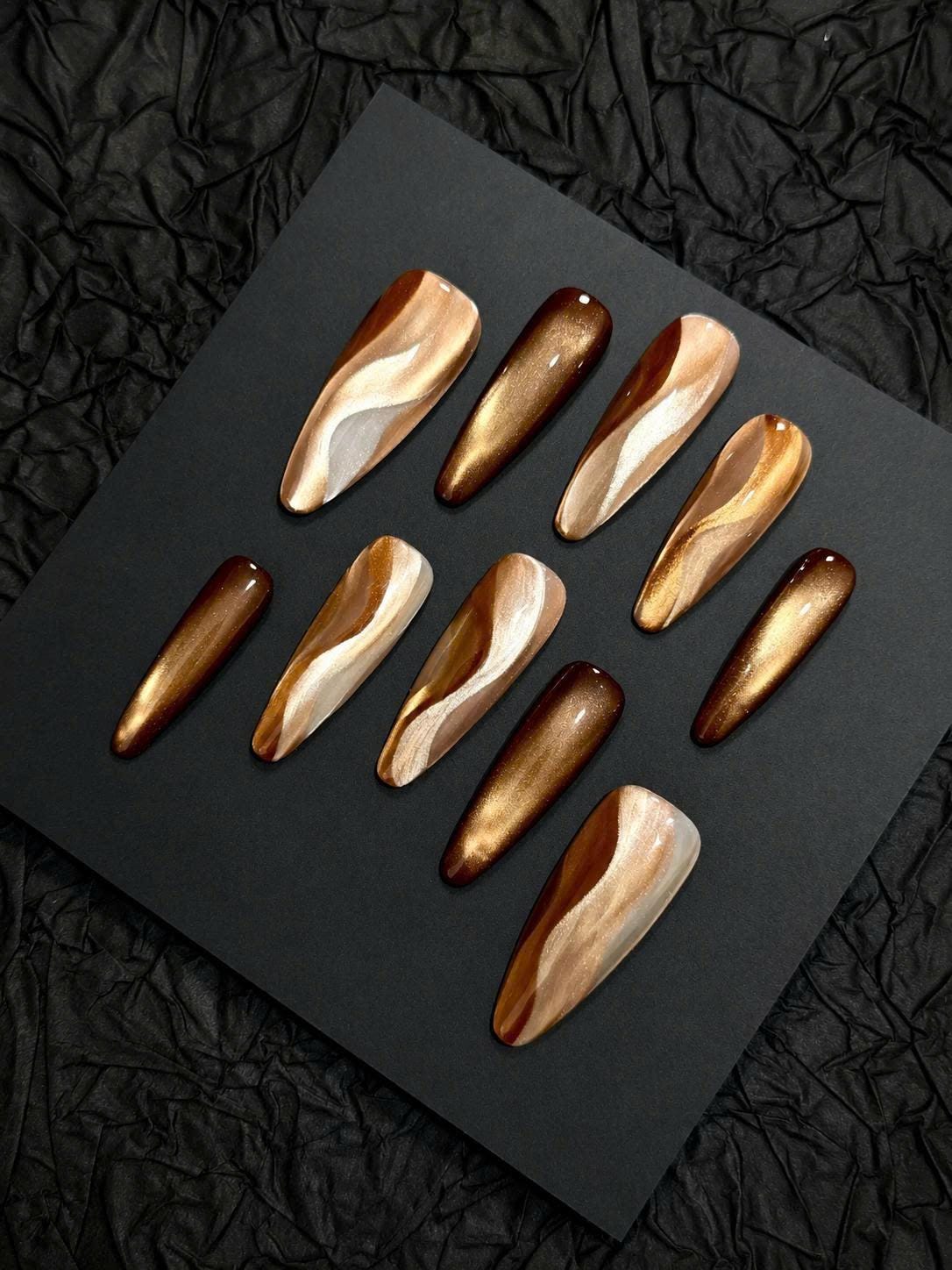 Brown Cat Eye Press-On Nails – Bronze Gold Swirl – Long Coffin