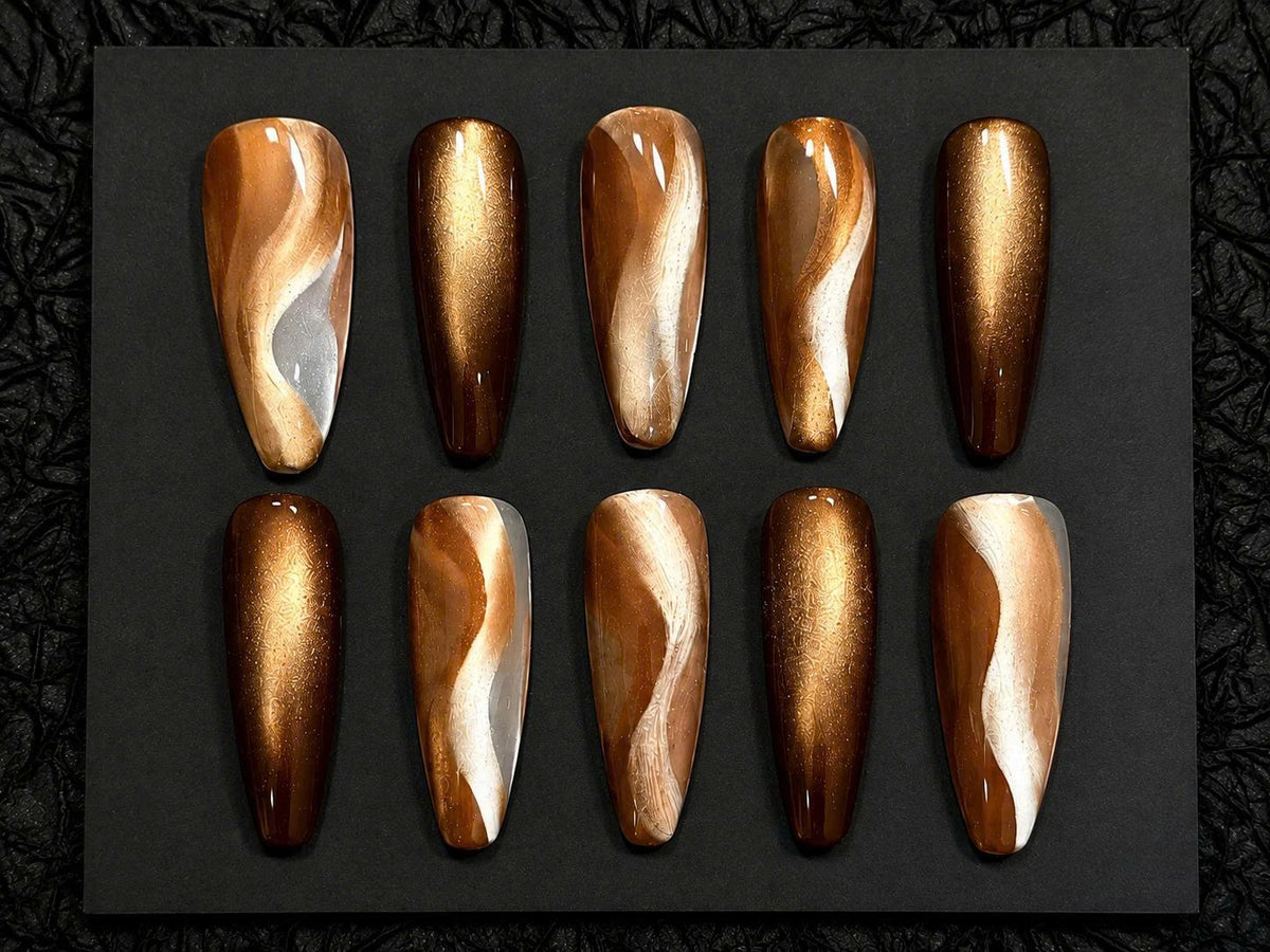 Brown Cat Eye Press-On Nails – Bronze Gold Swirl – Long Coffin
