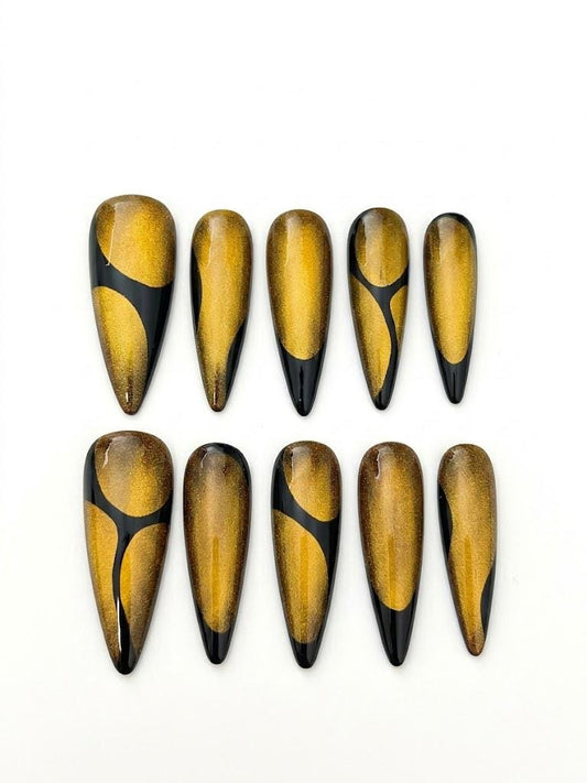 Gold Cat Eye Press-On Nails – Black Abstract – Stiletto