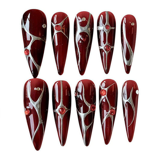 Y2K Burgundy Press-On Nails – Silver Chrome Tribal – Red Gemstone Details