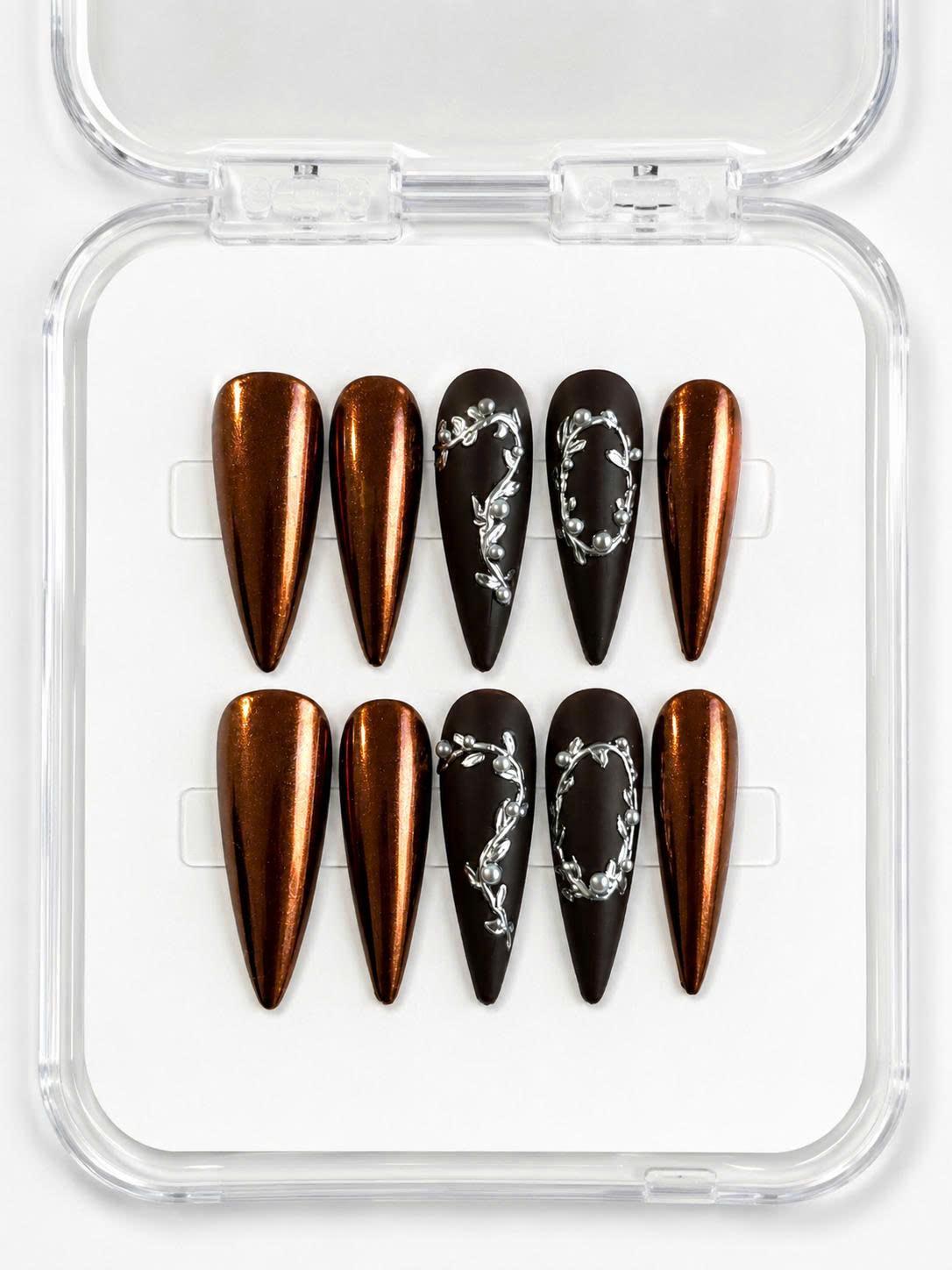 Y2K Copper Chrome Press-On Nails – Silver 3D Details – Gothic Stiletto