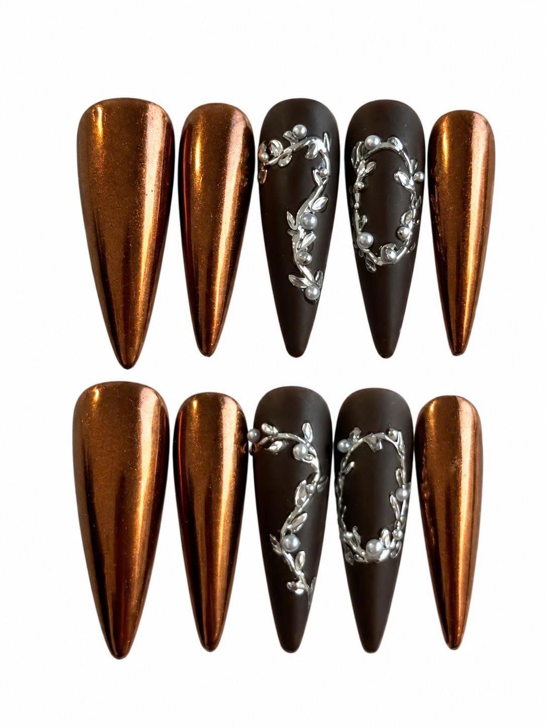 Y2K Copper Chrome Press-On Nails – Silver 3D Details – Gothic Stiletto