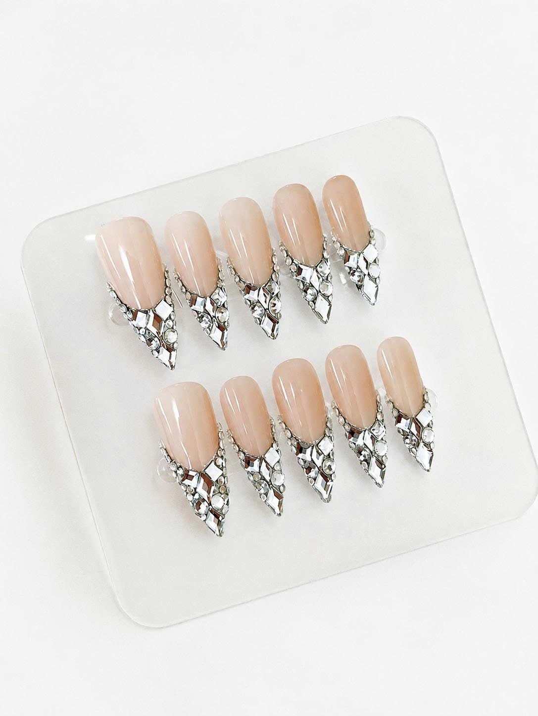 Nude Rhinestone Press-On Nails – Silver Crystal French Tip – Almond