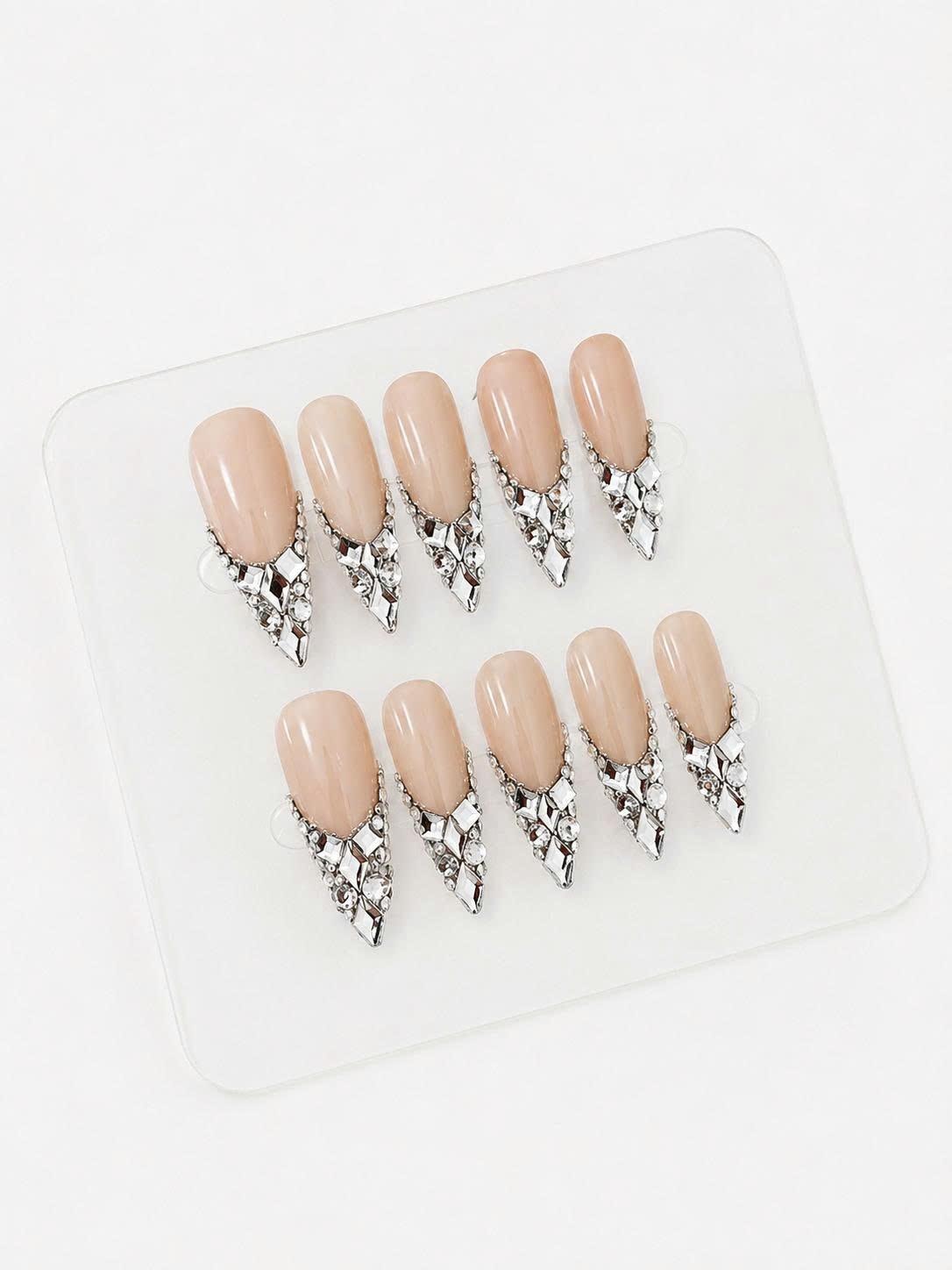 Nude Rhinestone Press-On Nails – Silver Crystal French Tip – Almond