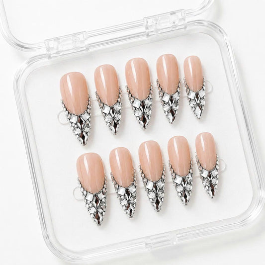 Nude Rhinestone Press-On Nails – Silver Crystal French Tip – Almond