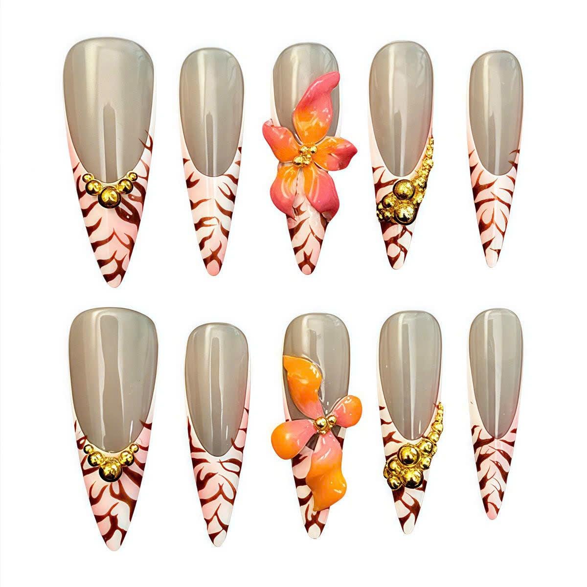 3D Floral Press-On Nails – Orange Flower French Tip – Tropical Long Almond