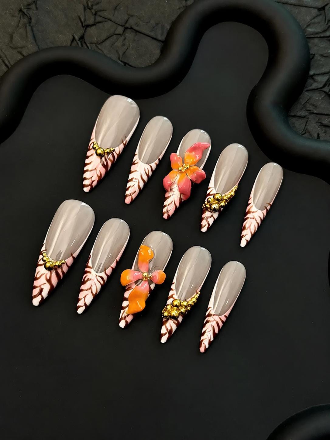 3D Floral Press-On Nails – Orange Flower French Tip – Tropical Long Almond