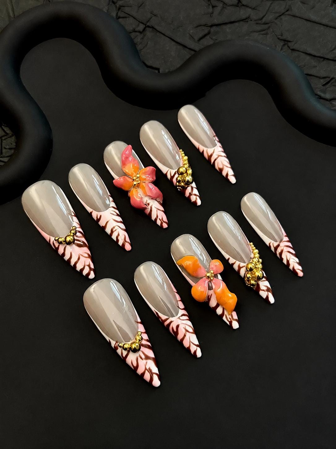 3D Floral Press-On Nails – Orange Flower French Tip – Tropical Long Almond