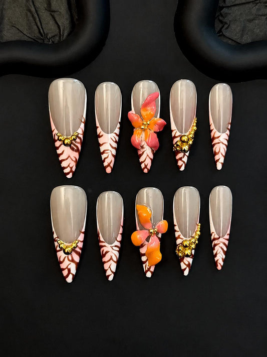 3D Floral Press-On Nails – Orange Flower French Tip – Tropical Long Almond