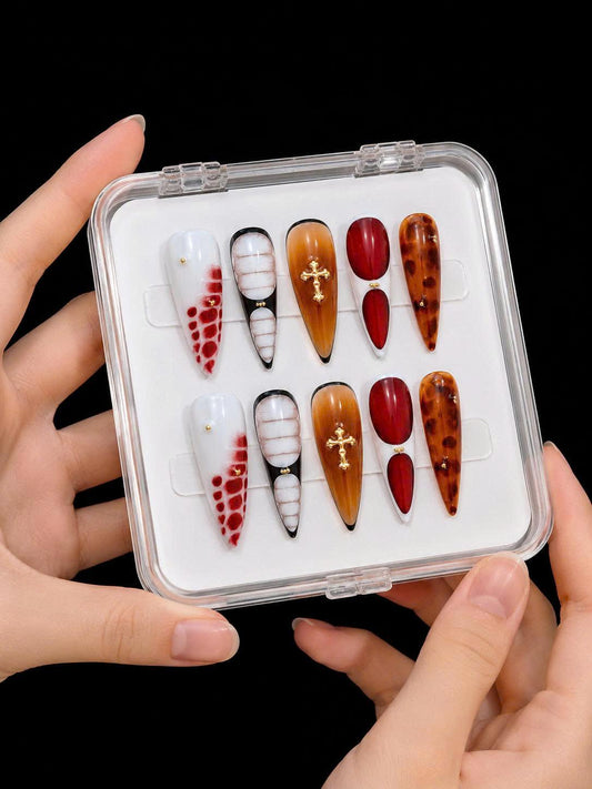 Gothic Red Press-On Nails – Tortoise Shell Details – Gold Cross