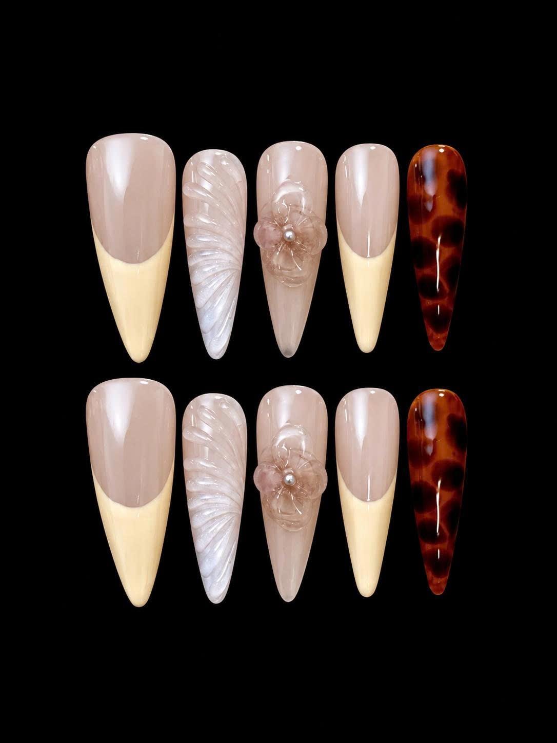Tortoise Shell Press-On Nails – Neutral French Tip – 3D Floral