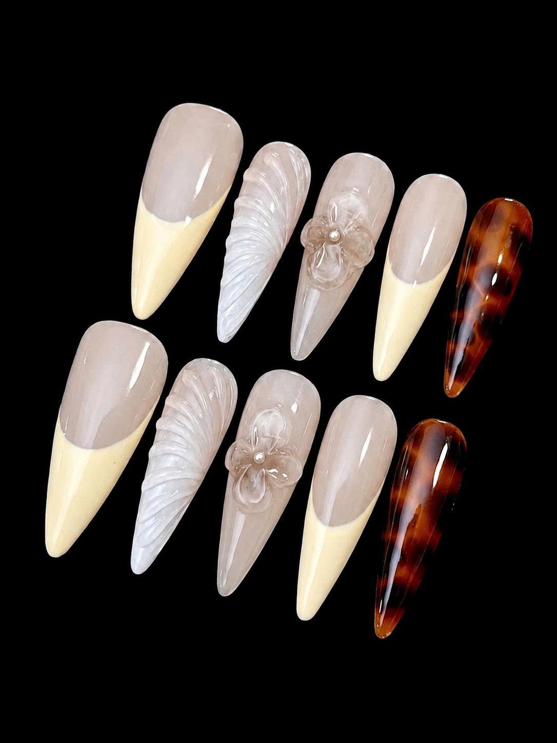 Tortoise Shell Press-On Nails – Neutral French Tip – 3D Floral