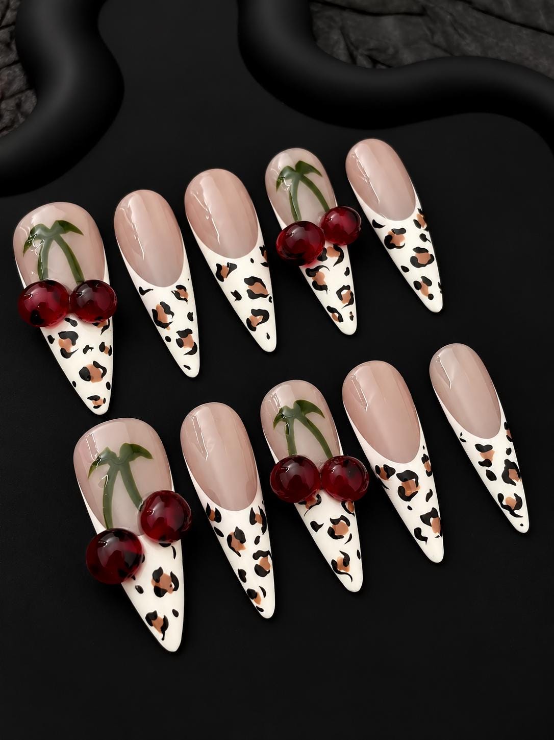 Cherry Press-On Nails – Leopard Print French Tip – 3D Fruit Details