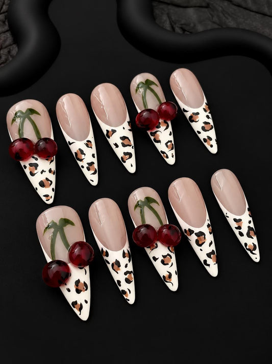 Cherry Press-On Nails – Leopard Print French Tip – 3D Fruit Details