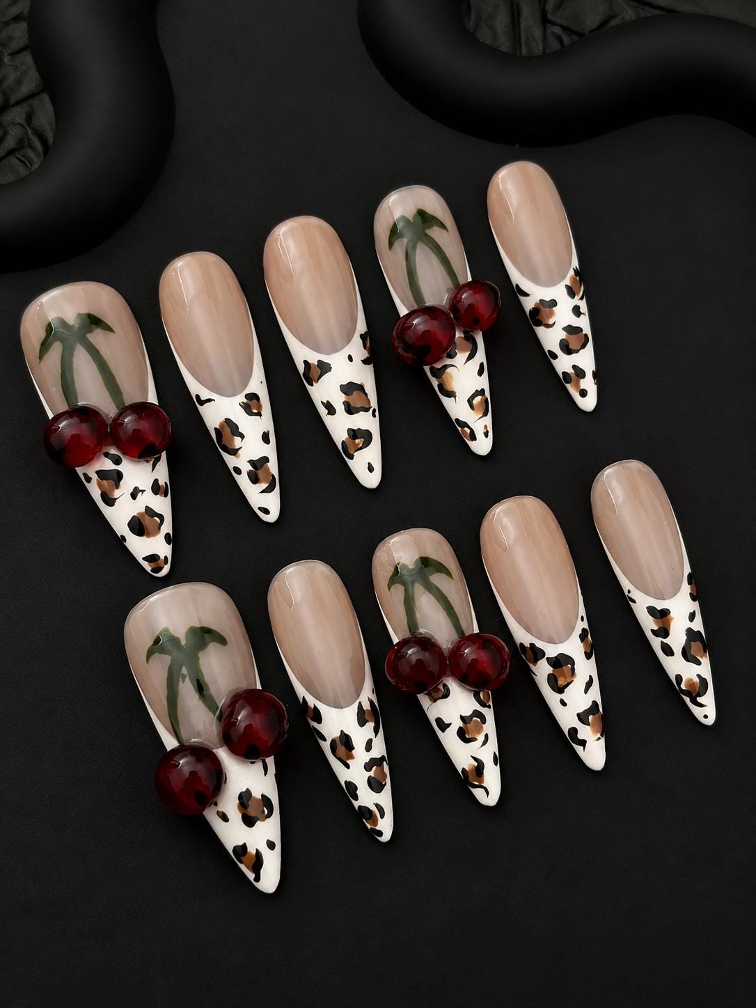 Cherry Press-On Nails – Leopard Print French Tip – 3D Fruit Details