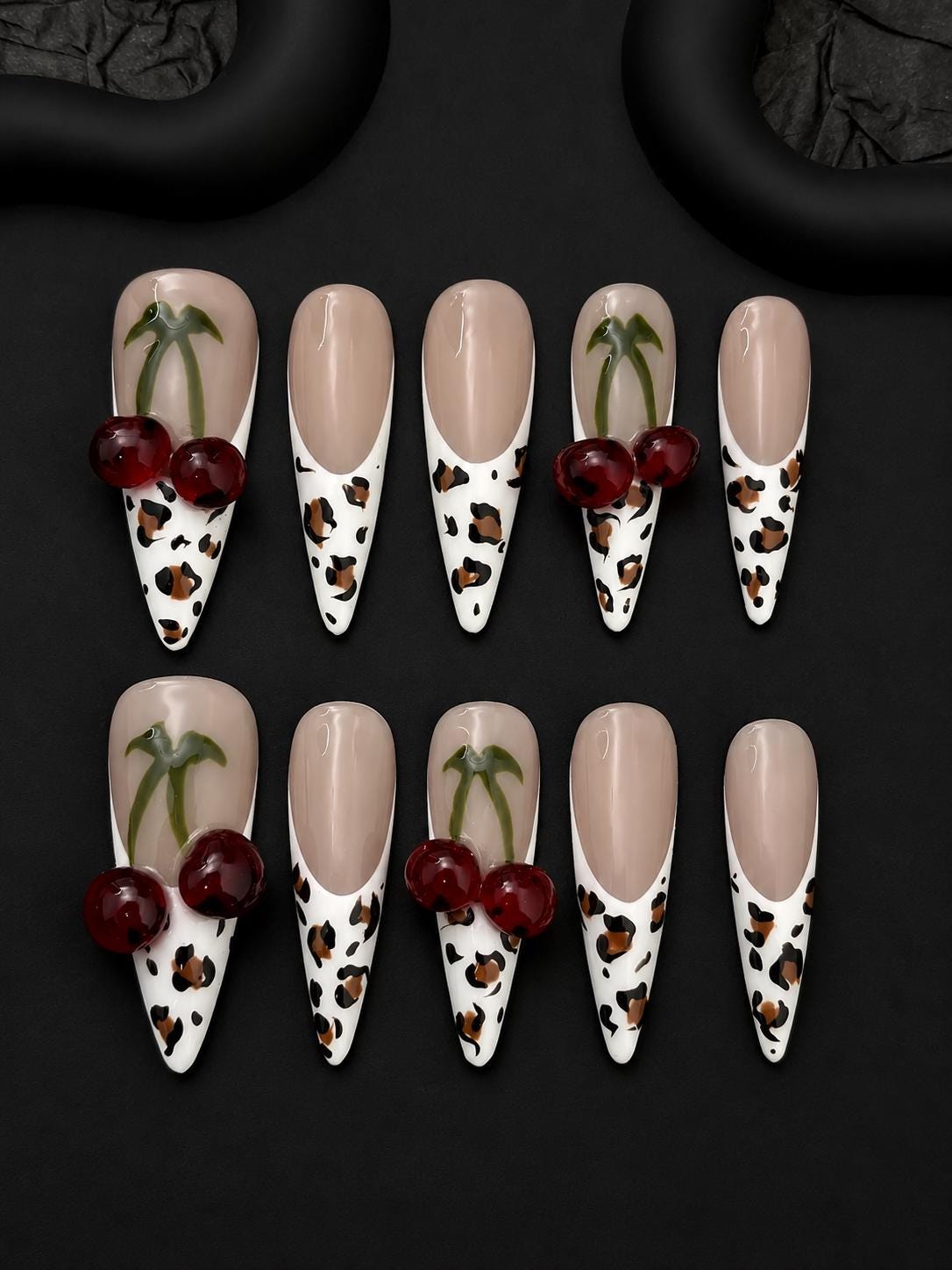 Cherry Press-On Nails – Leopard Print French Tip – 3D Fruit Details