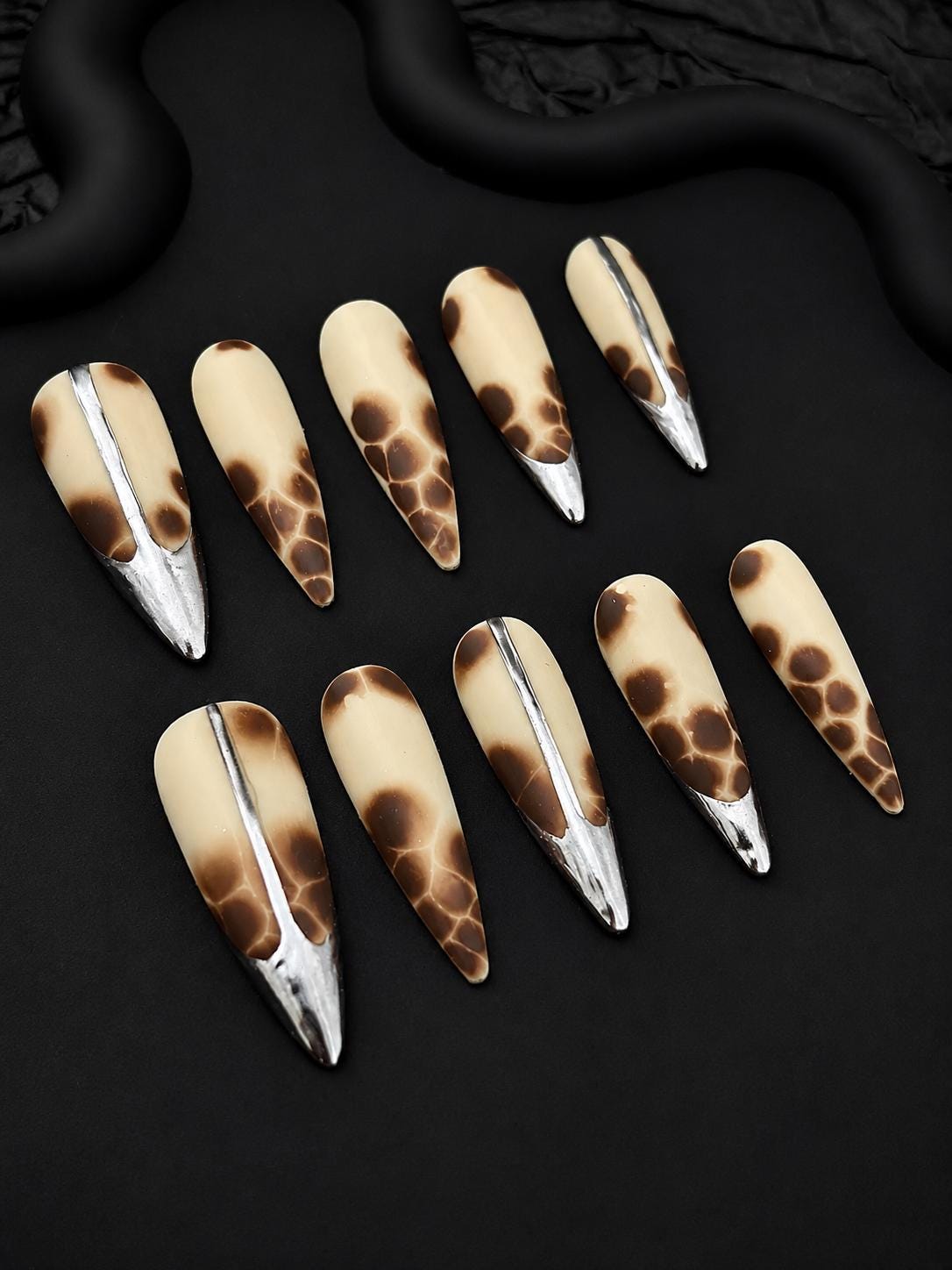 Brown Press-On Nails – Silver Chrome French Tip – Abstract Animal Print