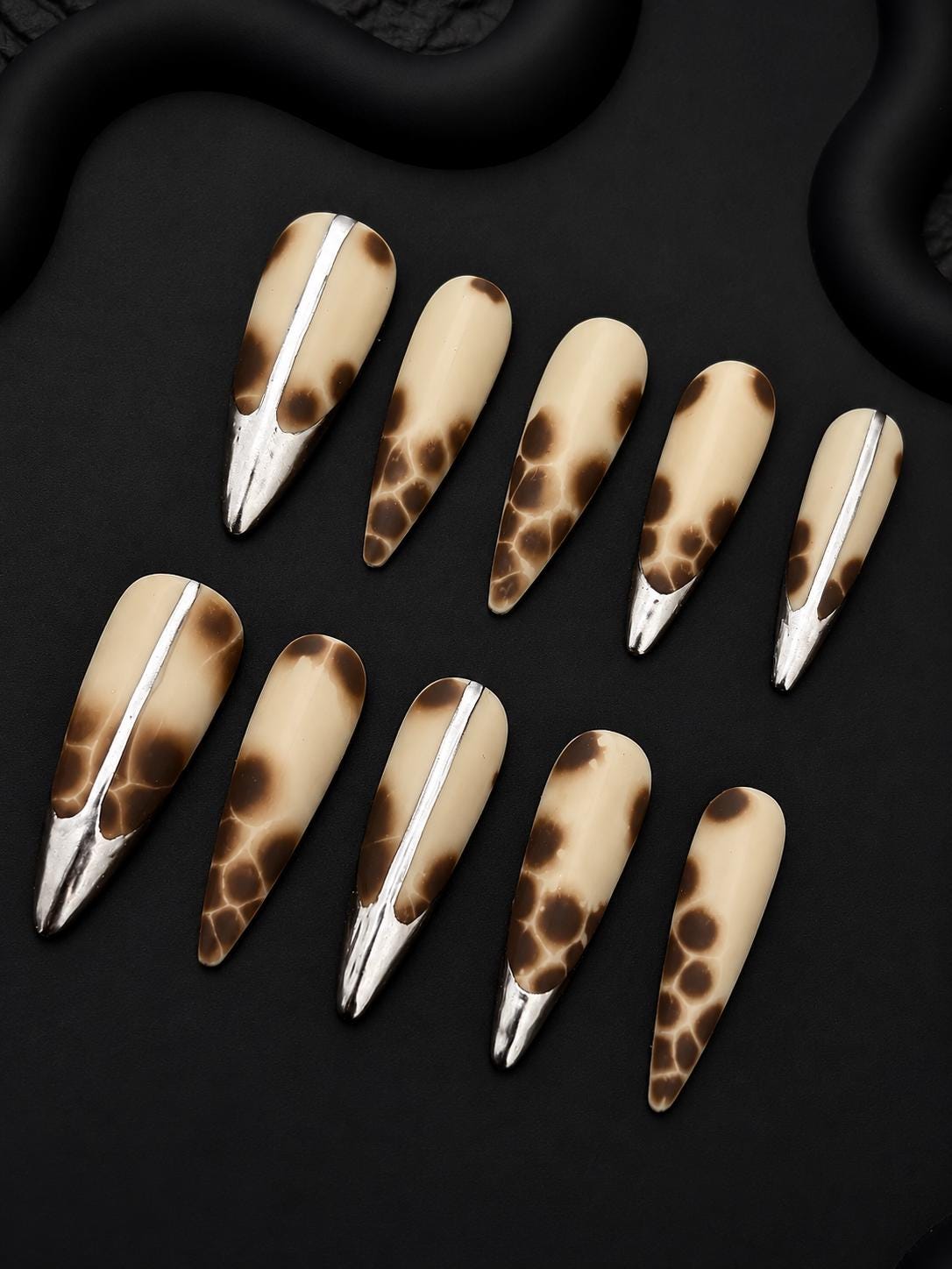 Brown Press-On Nails – Silver Chrome French Tip – Abstract Animal Print