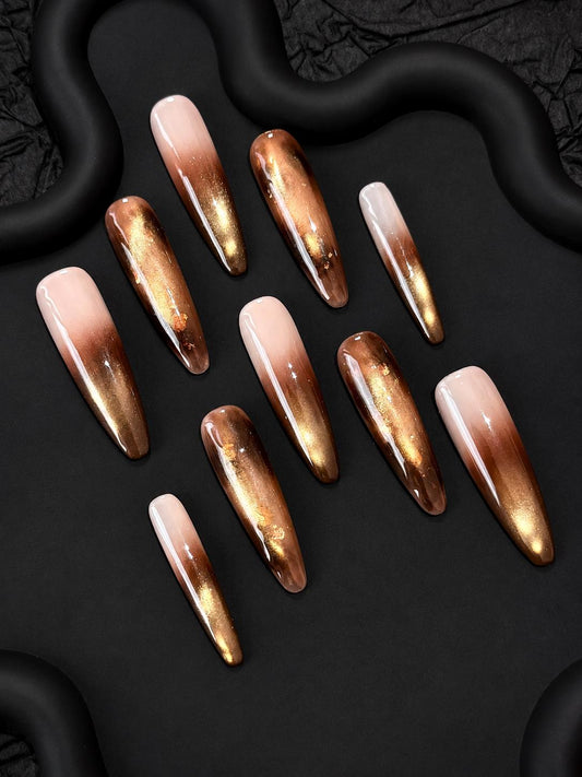 Brown Ombre Press-On Nails – Gold Cat Eye – Nude Long Almond