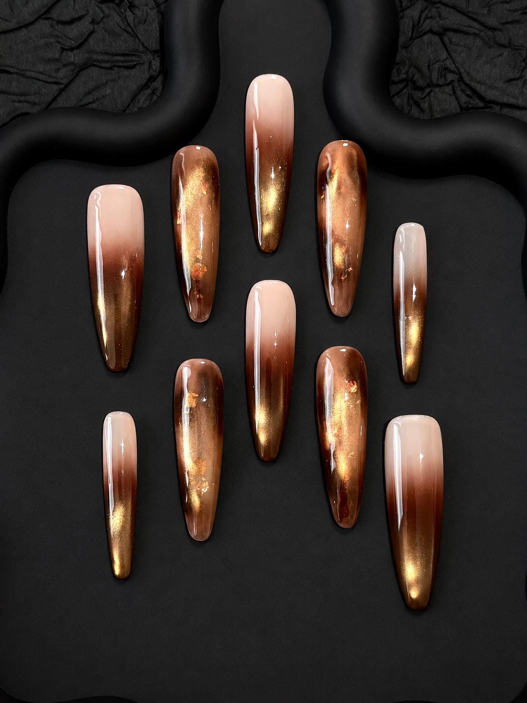 Brown Ombre Press-On Nails – Gold Cat Eye – Nude Long Almond