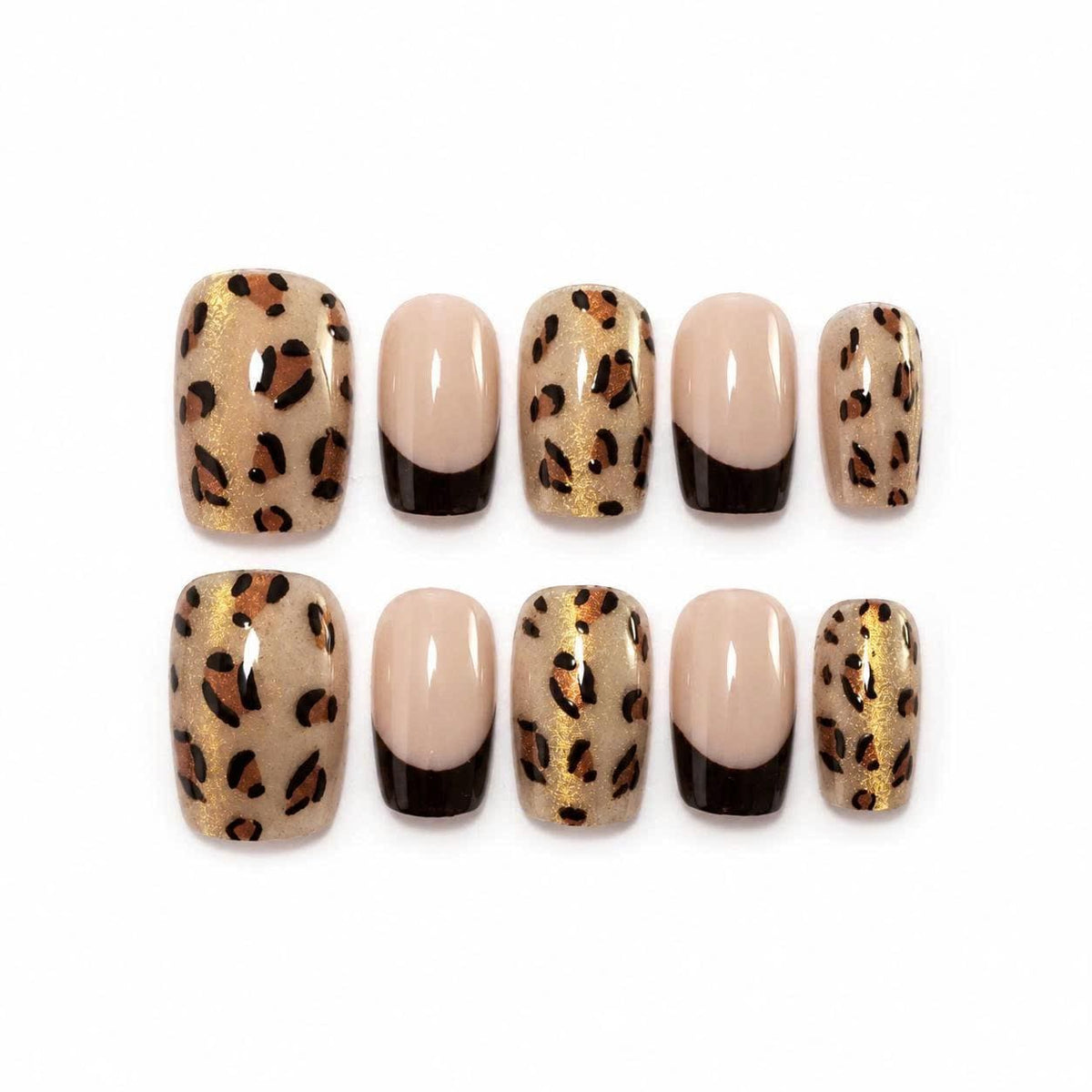 Leopard Print Press-On Nails – Gold Glitter Animal Print – Brown French Tip Short Square