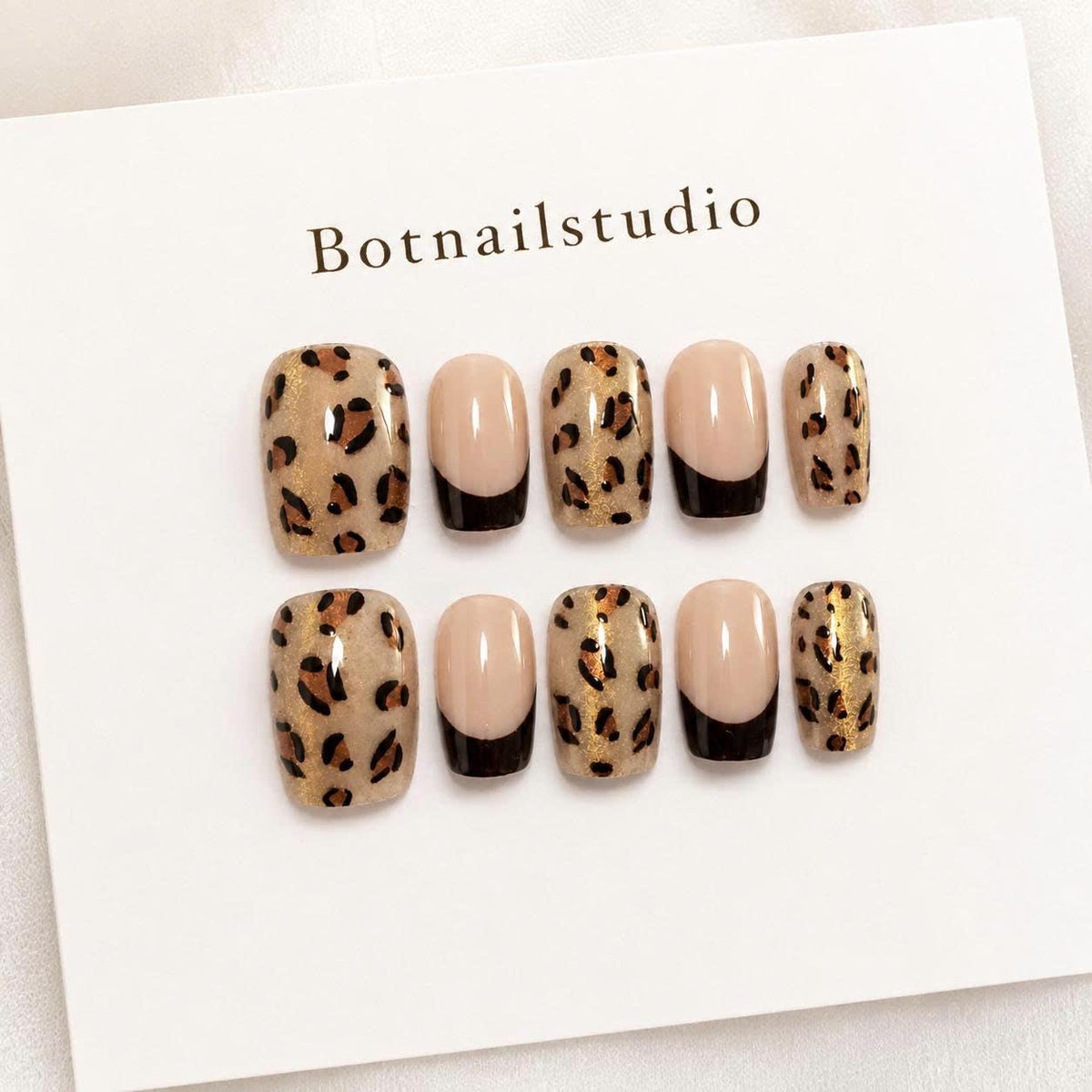 Leopard Print Press-On Nails – Gold Glitter Animal Print – Brown French Tip Short Square