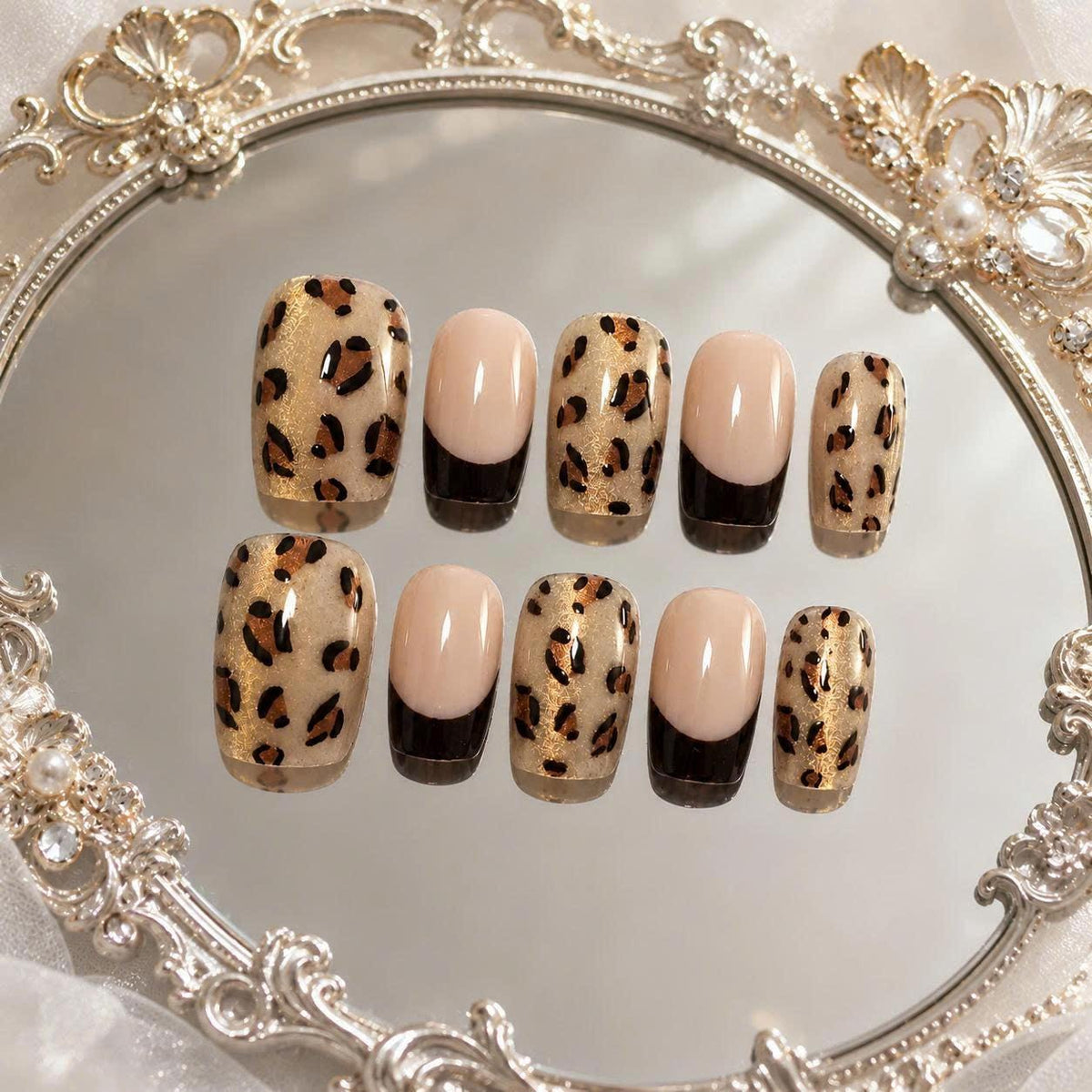 Leopard Print Press-On Nails – Gold Glitter Animal Print – Brown French Tip Short Square