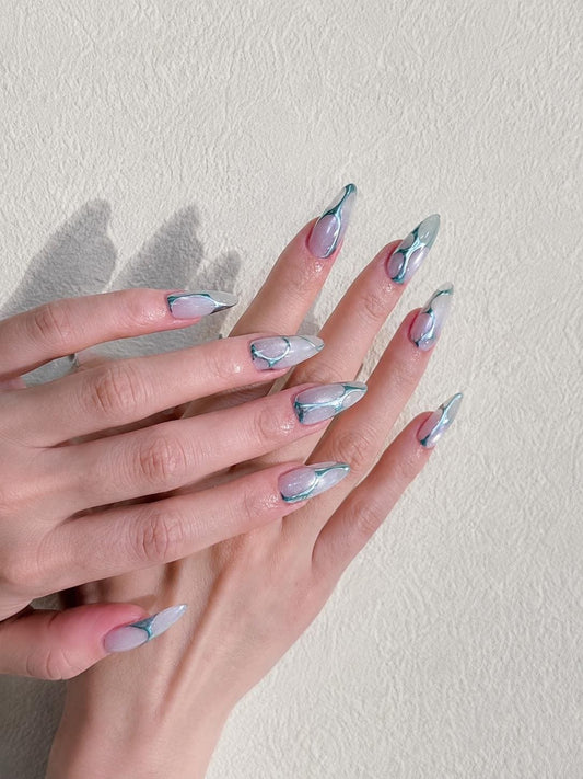 Blue Chrome Press-On Nails – Icy Silver Abstract – Metallic Swirl Details
