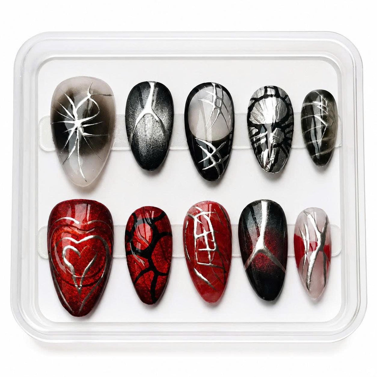 Y2K Red & Black Press-On Nails – Silver Chrome Web Details – Gothic Heart Almond