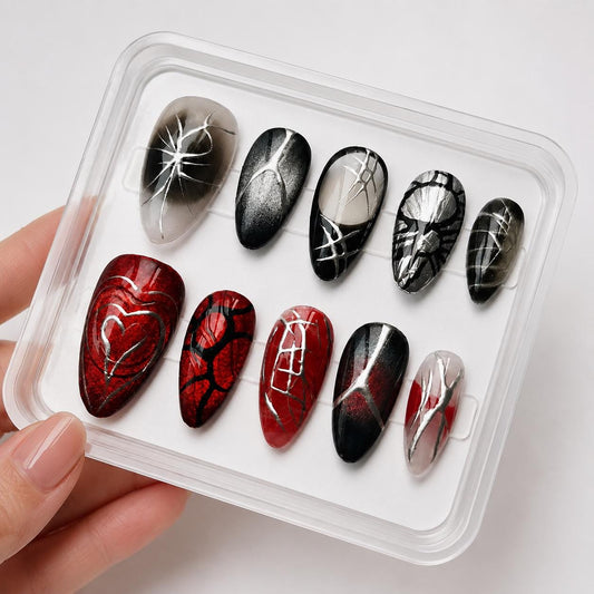 Y2K Red & Black Press-On Nails – Silver Chrome Web Details – Gothic Heart Almond