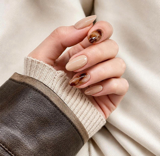 Tortoise Shell Press-On Nails – Nude Brown Almond – Short Neutral