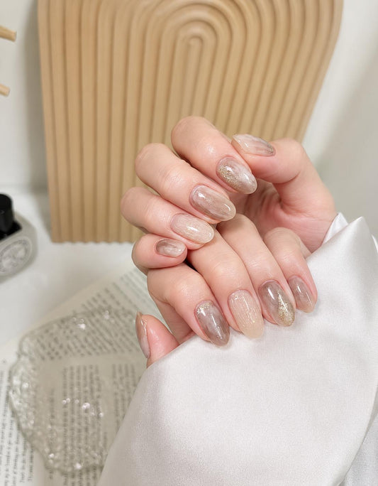 Nude Marble Press-On Nails – Gold Shimmer Details – Neutral Almond