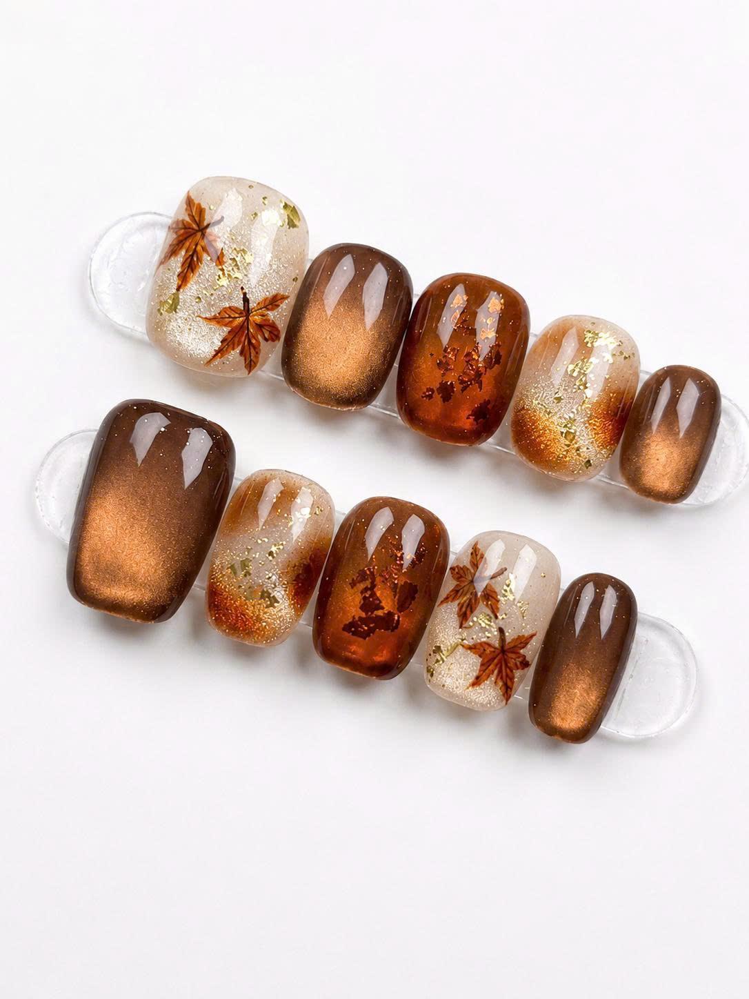 Autumn Maple Leaf Press-On Nails – Brown Cat Eye – Gold Glitter Details