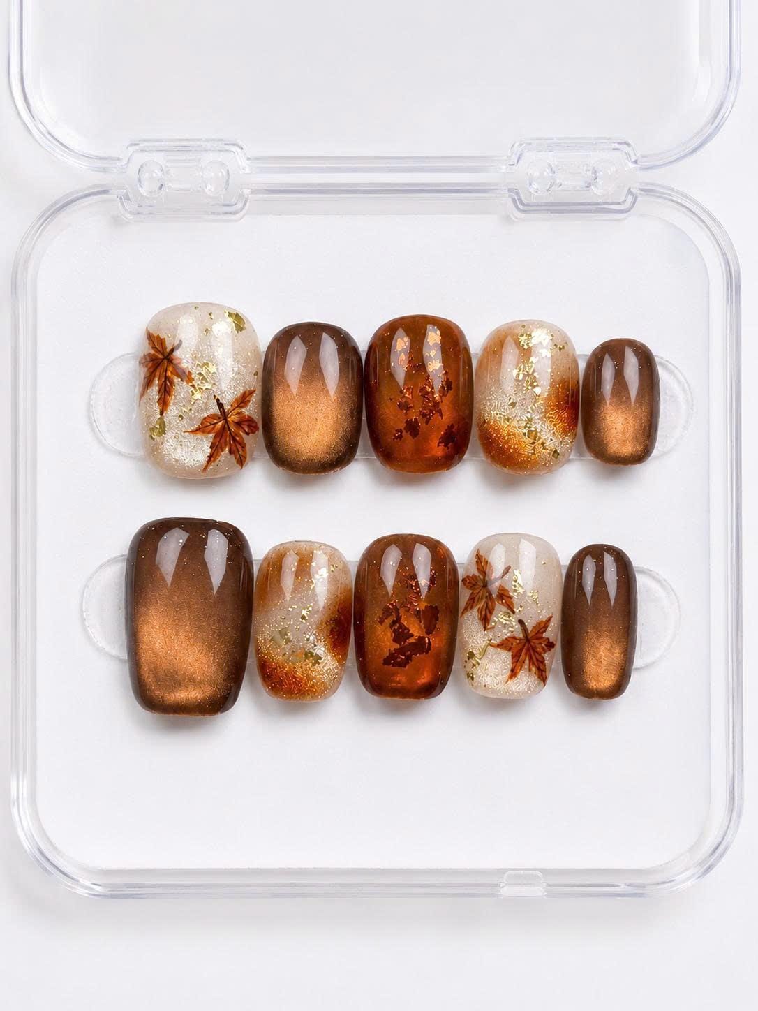 Autumn Maple Leaf Press-On Nails – Brown Cat Eye – Gold Glitter Details