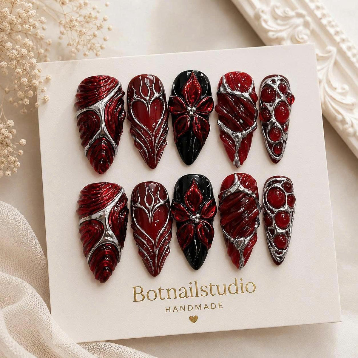 Dark Red Press-On Nails – Gothic 3D Floral Details – Black & Silver Chrome