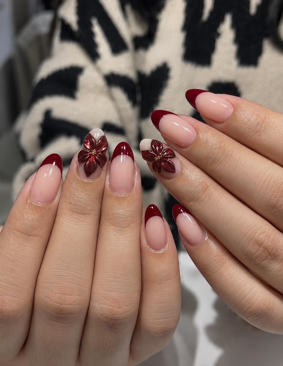 Burgundy French Tip Press-On Nails – 3D Red Flower – Nude Floral Details