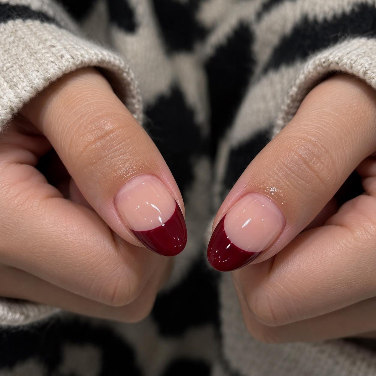 Burgundy French Tip Press-On Nails – 3D Red Flower – Nude Floral Details