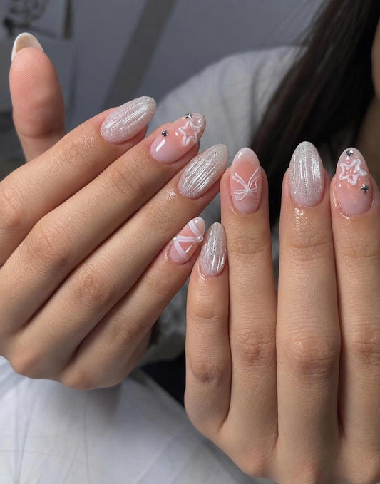 Silver Glitter Press-On Nails – 3D Bow & Star Details – Pink Chrome Almond