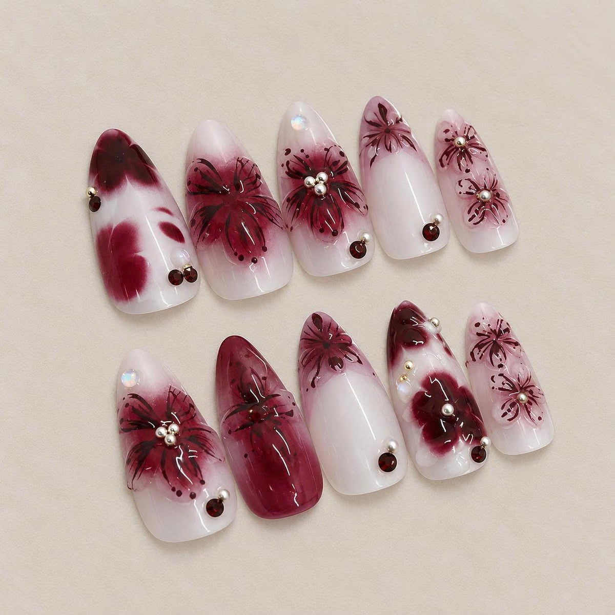 Burgundy Floral Press-On Nails – Red Flower Details – Pearl & Rhinestone