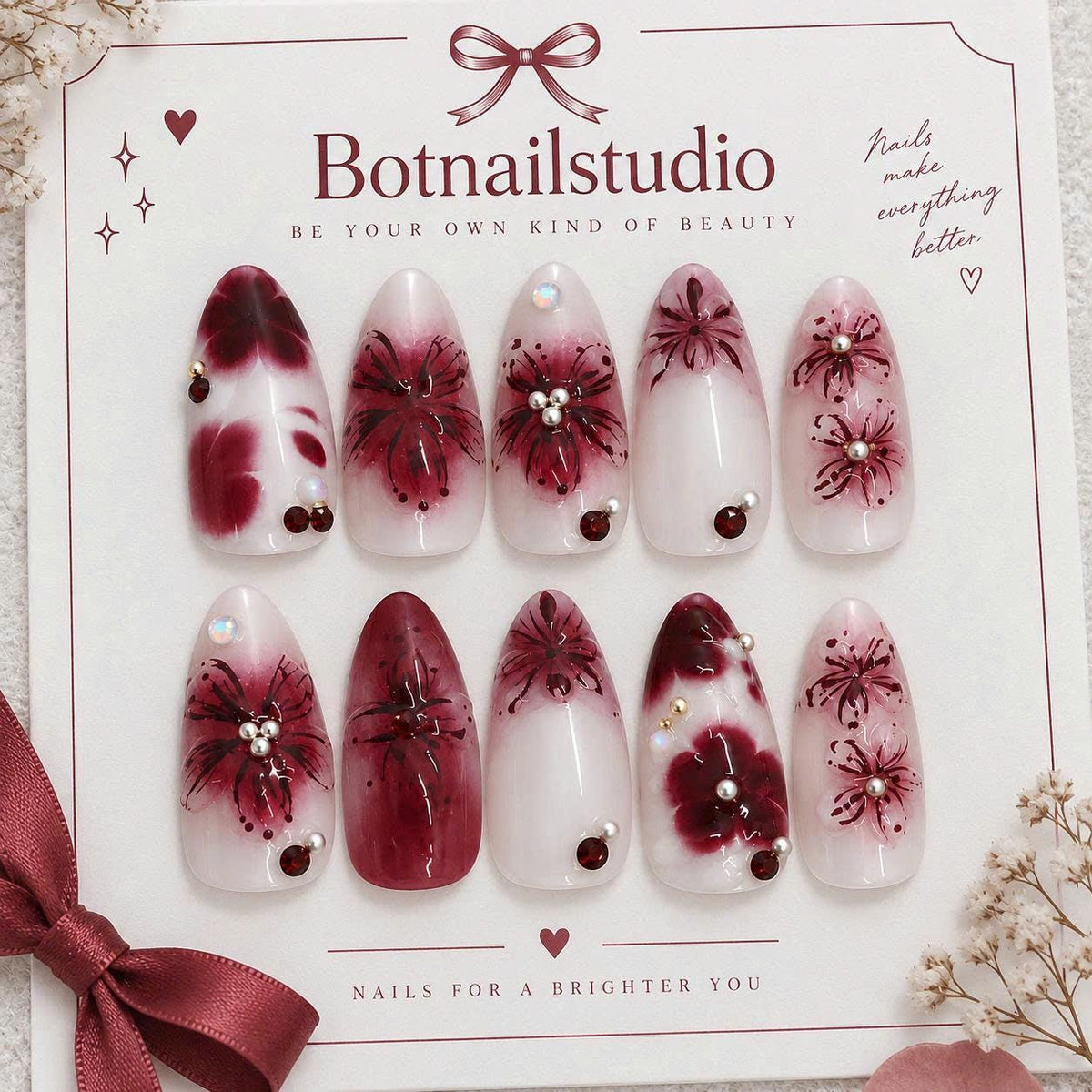 Burgundy Floral Press-On Nails – Red Flower Details – Pearl & Rhinestone