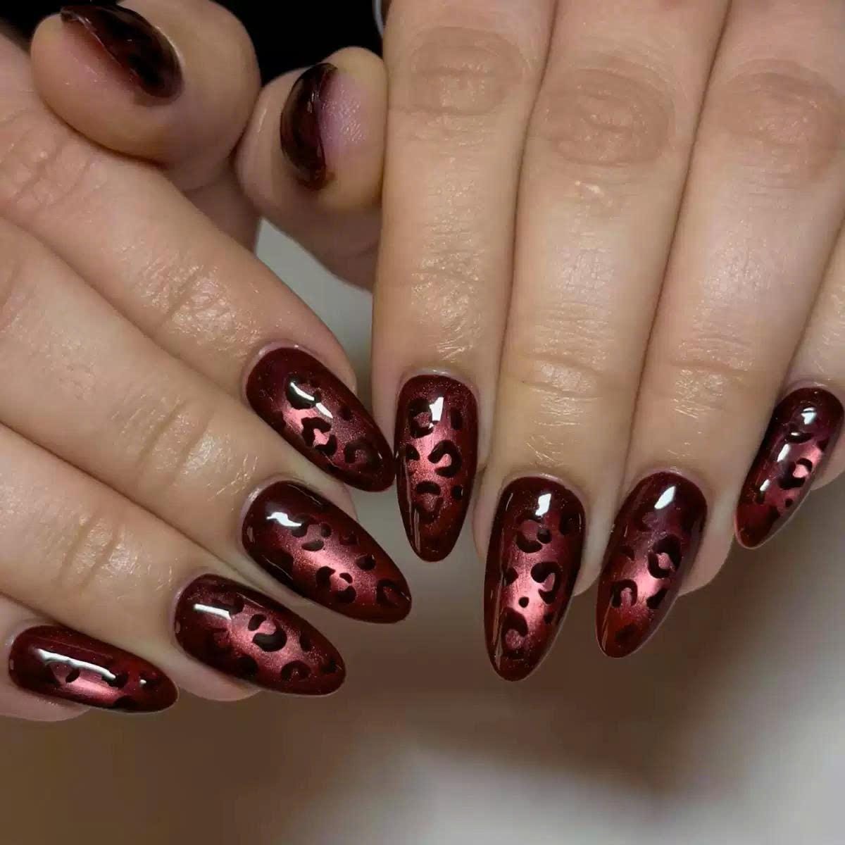 Burgundy Leopard Press-On Nails – Black Animal Print – Cat Eye Glitter Details